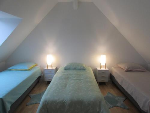 two beds in a attic room with two lamps at La linotiere in Osly-Courtil