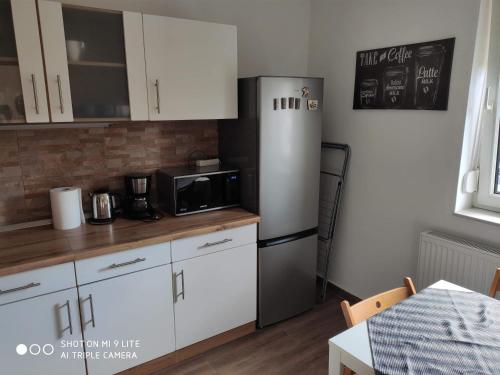 uma cozinha com um frigorífico de aço inoxidável e uma mesa em ALEX Apartman em Sopron