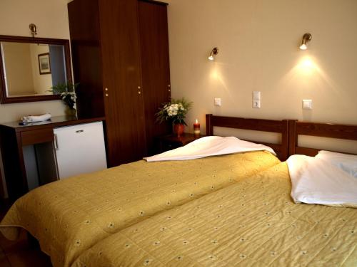 a bedroom with a large bed and a mirror at HELEN'S ROOMS in Míloi