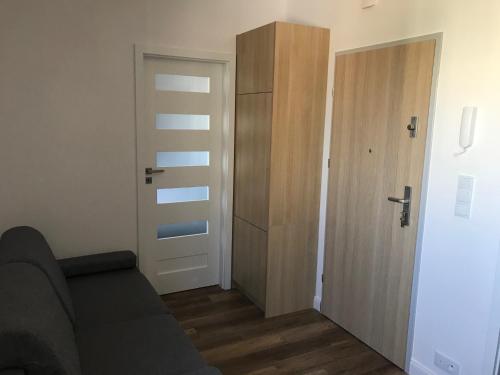 Una sala de estar con un sofá y una puerta. en Apartamenty Platinex, en Cracovia