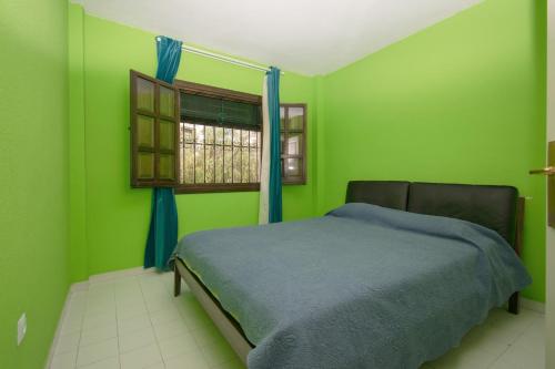 ein grünes Schlafzimmer mit einem Bett und einem Fenster in der Unterkunft 071 Molino Blanco Beach - Alicante Holiday in La Mata