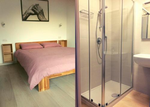 um quarto com uma cama e uma cabina de duche em vidro em Amarillys Apartment and Rooms in CasaClima (climate certification) em Nago-Torbole