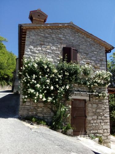 a stone building with white flowers on it at Bed & Breakfast SENTIERO 54 in Cantiano
