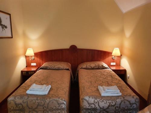 a hotel room with two beds and two lamps at Falborek Noclegi in Brześć Kujawski