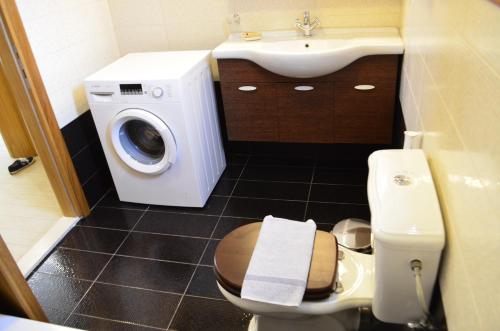 a bathroom with a toilet and a sink and a washing machine at ESTIA V.M in Ýpsos