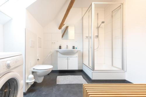 a bathroom with a toilet sink and a shower at WÄLDER: Quartier Bierbronnen in Weilheim