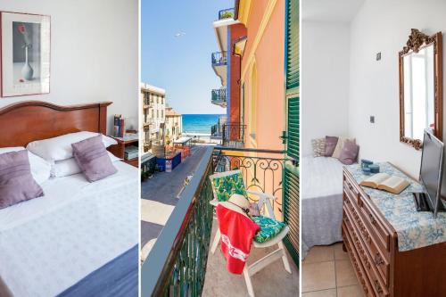 a bedroom with a bed and a balcony with the ocean at Hotel Mimosa in Alassio