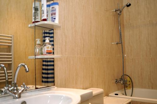 une salle de bain avec un lavabo, des toilettes et une douche dans l'établissement Studio cosy idéalement situé et bien équipé, à Boulogne-sur-Mer