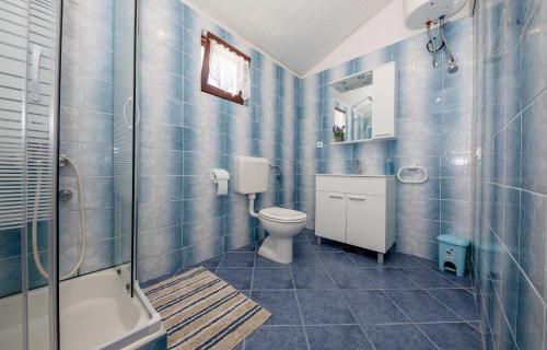 Kampor的住宿－Apartments Korina 2866，蓝色瓷砖浴室设有卫生间和淋浴。