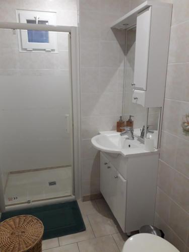 uma casa de banho com um lavatório, um WC e um espelho. em L école buissonnière em Le Nouvion-en-Thiérache