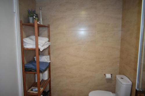 a bathroom with a toilet and a shelf with towels at A Casa do Calexón in Viveiro
