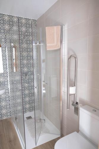 a bathroom with a glass shower with a toilet at Pensión Casa do Gallo Sarria in Sarria