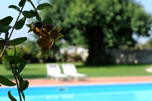 a couple of white chairs sitting next to a pool at Torre Don Virgilio Country Hotel in Cannizzara