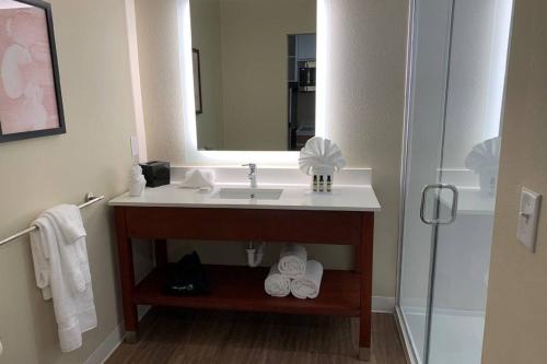 uma casa de banho com um lavatório, um espelho e um chuveiro em Hawthorn Extended Stay by Wyndham Monahans em Monahans