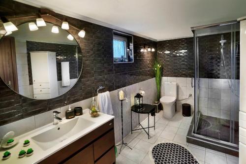 uma casa de banho com um lavatório, um WC e um espelho. em KTIMA CONSTANTIN em Nafplio