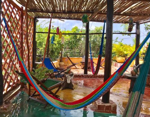 a hammock in a room with a pool of water at Maison Tulum in Tulum