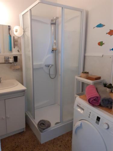 a bathroom with a shower and a washing machine at Appartement cosy et lumineux 1 à 3 personnes in Caen