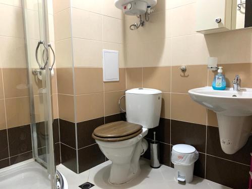 La salle de bains est pourvue de toilettes et d'un lavabo. dans l'établissement Apartament Keti, à Nessebar
