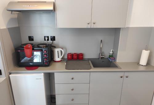 a small kitchen with a microwave and a sink at Milva Apartments in Kos Town
