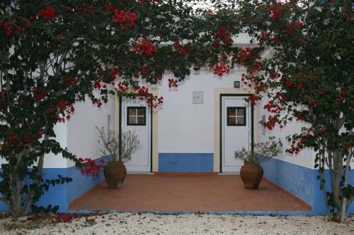 a building with blue and white walls and red flowers at Apartamentos Canal da Agua in Odeceixe