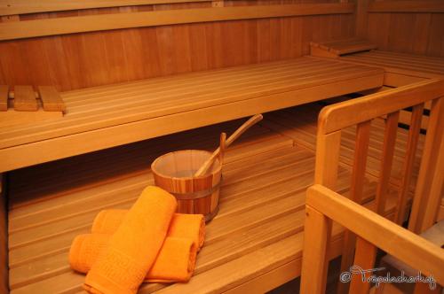 an inside of a sauna with a bench and a bucket at Der Tröpolacherhof Hotel & Restaurant in Tröpolach