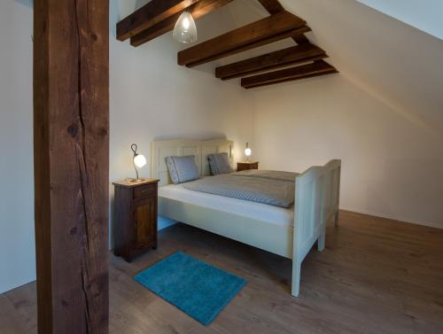 een slaapkamer met een bed en een nachtkastje met een blauw tapijt bij Bona Terra in Horní Věstonice