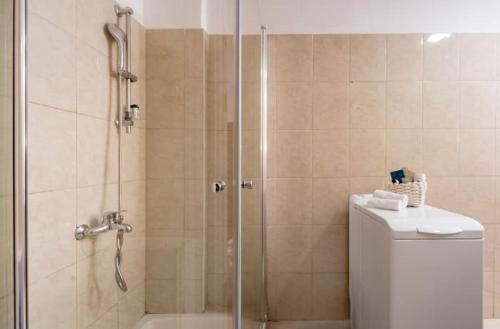 La salle de bains est pourvue d'une douche, de toilettes et d'un lavabo. dans l'établissement Ben Yehuda, 3 Lovely Flats in the same building, à Jérusalem