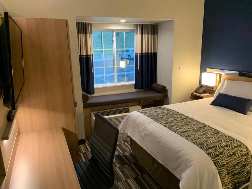 a hotel room with a bed and a window at Microtel Inn & Suites by Wyndham Woodland Park in Woodland Park