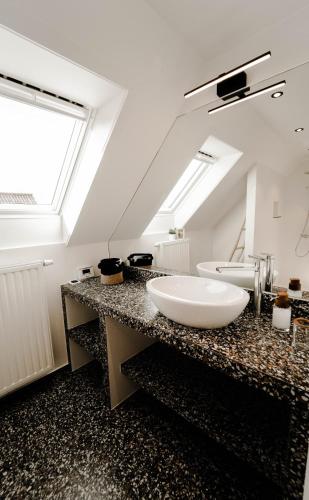 a bathroom with a large white sink on a counter at Villa Arleo in Nieuwpoort