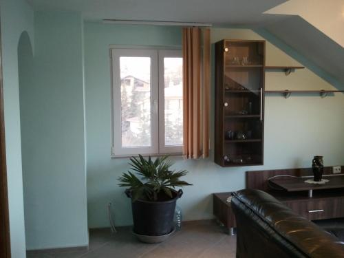 Una sala de estar con un sofá y una ventana. en Vila DVA 3, en Golden Sands