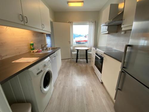 a kitchen with a washing machine and a sink at Åndalsnes Sentrum Apartment No1 in Åndalsnes