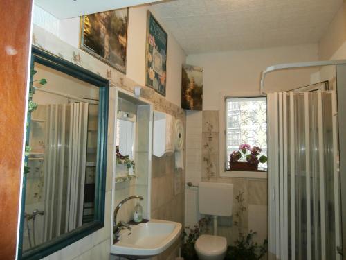 La salle de bains est pourvue d'un lavabo, d'une douche et de toilettes. dans l'établissement Albergo Junior, à Padoue