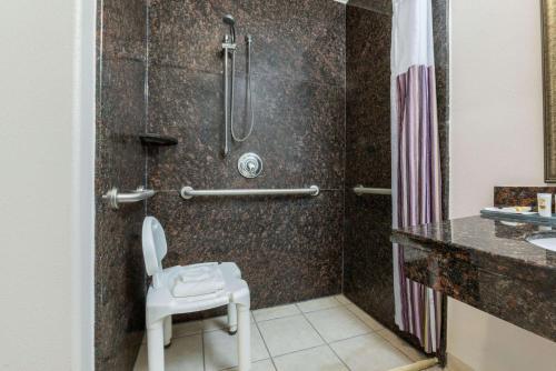 a bathroom with a shower with a toilet and a sink at La Quinta by Wyndham Orange in Orange