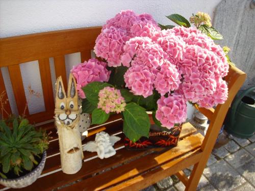 a wooden bench with pink flowers and a bunny figurine at Ferienwohnung Maria Waldblick 95 qm, in Burtenbach