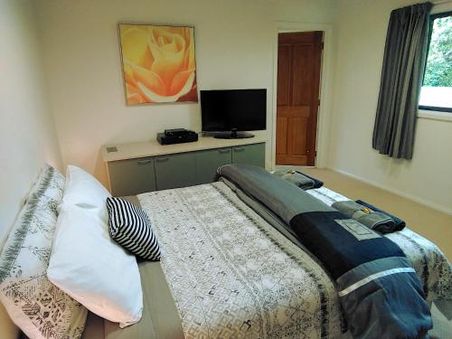 a bedroom with a bed and a tv in it at Golden Caves - Bed & Breakfast in Takaka