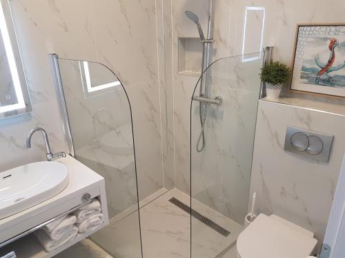 a bathroom with a shower and a toilet and a sink at Villa Jeka, Malinska, Krk in Malinska