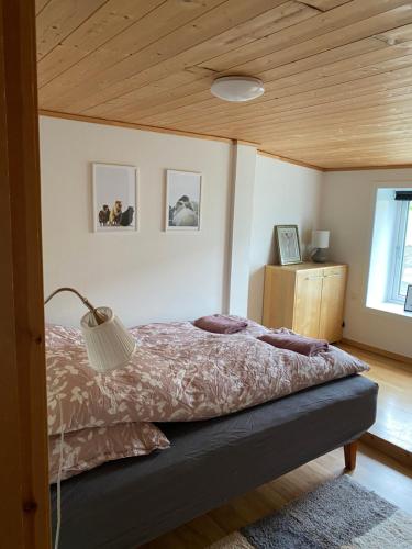 a bedroom with a bed and a wooden ceiling at Abbasa hús-Grandpa s house Kumlavegur 9 in Miðvágur