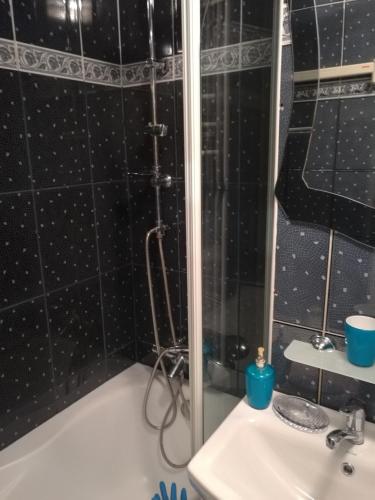La salle de bains carrelée de noir est pourvue d'une douche et d'un lavabo. dans l'établissement Flat Trocka Street, à Varsovie