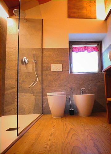 a bathroom with a shower and a toilet and a sink at la casa dei nonni in Valtournenche