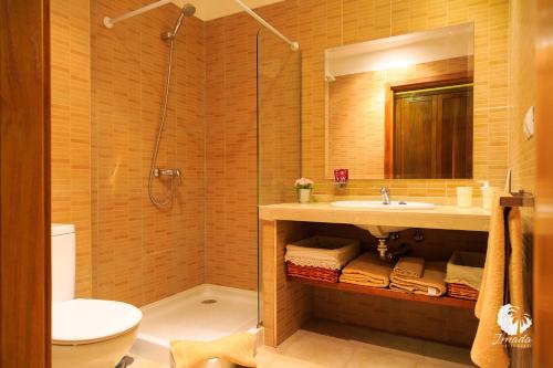 a bathroom with a sink and a toilet and a shower at Hotel Rural Imada in Imada