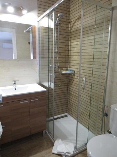 a bathroom with a shower and a toilet and a sink at Albergue El Encuentro in Villanueva de la Vera