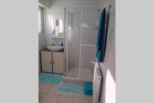 W łazience znajduje się prysznic i umywalka. w obiekcie Maison au coeur du village w mieście Dorlisheim