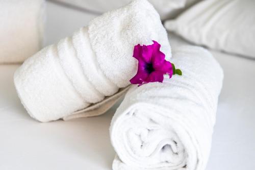 a flower sitting on top of a white towel at ONITES Elegant Suites in Skala Potamias