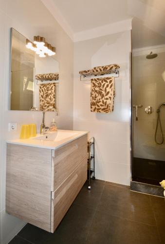 a bathroom with a sink and a shower at Apartamentos Casa María in Cala Figuera