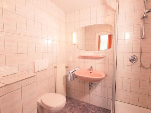La salle de bains est pourvue de toilettes et d'un lavabo. dans l'établissement Rheinhotel Starkenburger Hof, à Bingen am Rhein