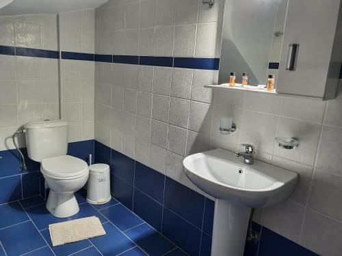 a blue and white bathroom with a toilet and a sink at Stoupa Lefktro 10 in Levktron