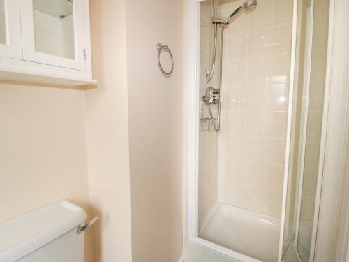 a white bathroom with a shower and a toilet at 3 Kings Field in Seahouses