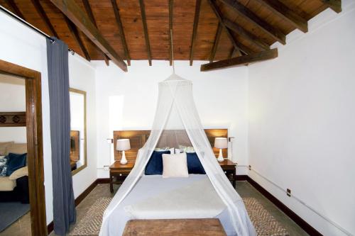 a bedroom with a bed with a mosquito net at Mirador La Sorrueda in La Sorrueda