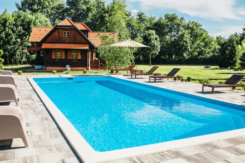 a swimming pool with a house in the background at Moslavačka Priča Holiday Homes in Mala Ludina