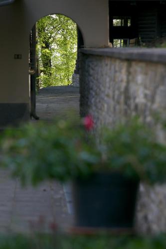 a brick wall with a plant in front of a doorway at Sola Gratia in Bystřice pod Hostýnem